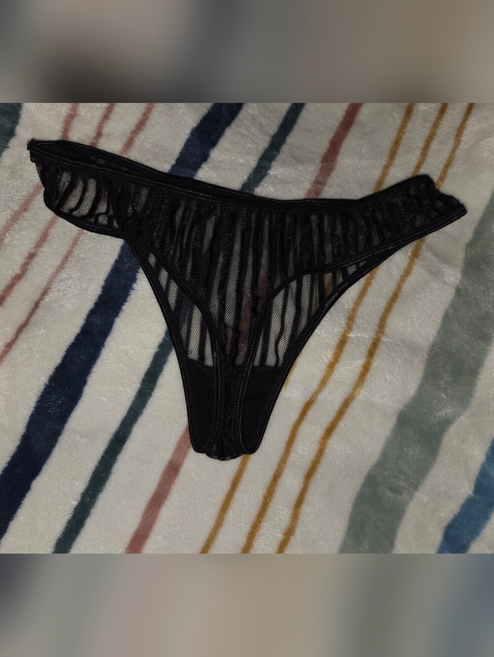 Black Sheer Striped Thong Panty- Women's Intimates